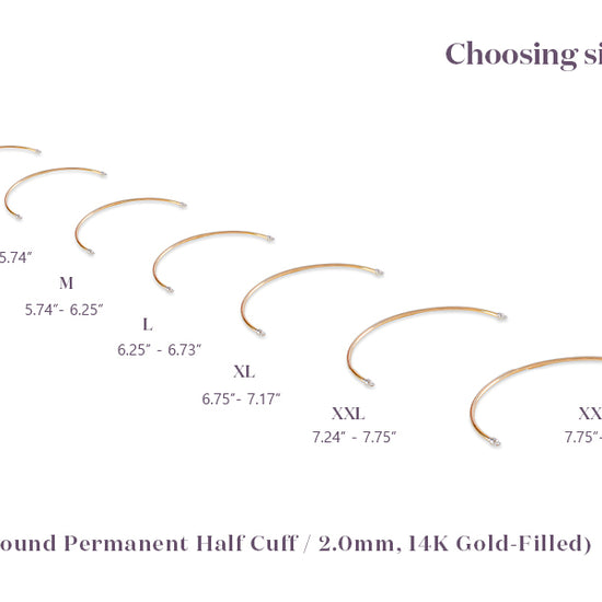 Size chart for round permanent half cuffs in gold-filled on a white background