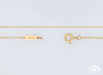 A fairmined gold cable chain necklace with a spring ring clasp and jump rings, laid out on a white background.
