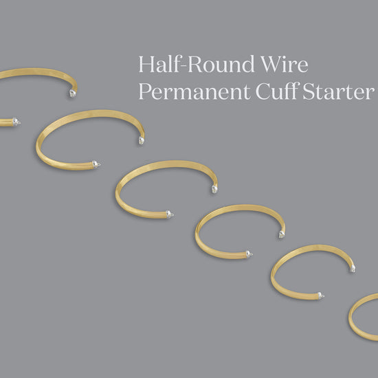 A series of 18 half-round wire permanent cuffs in gold, silver, and yellow gold colors, displayed in three rows with varying sizes from extra small to extra extra-large.