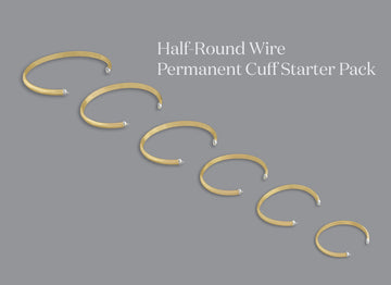 A series of 18 half-round wire permanent cuffs in gold, silver, and yellow gold colors, displayed in three rows with varying sizes from extra small to extra extra-large.