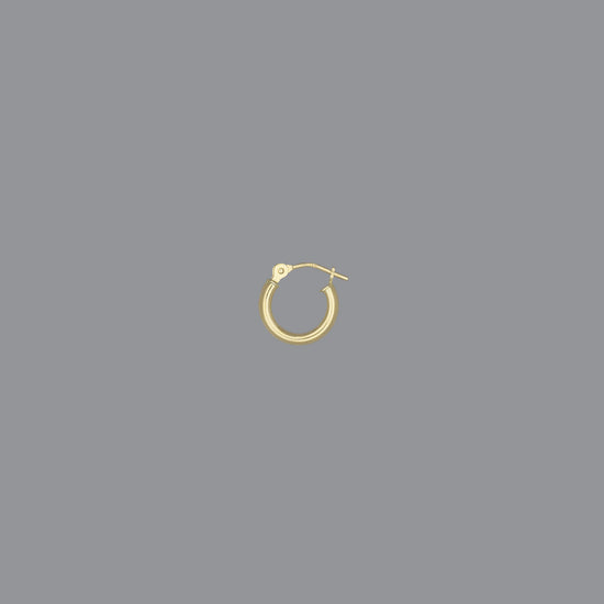 A hoop earring made of 14KY gold, displayed against a grey background.