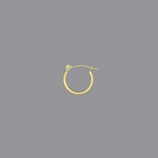 A hoop earring made of 14KY gold, displayed against a grey background.