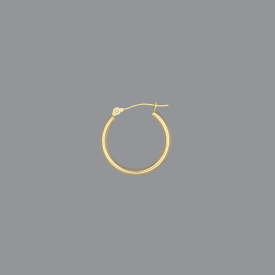 A hoop earring made of 14KY gold, displayed against a grey background.