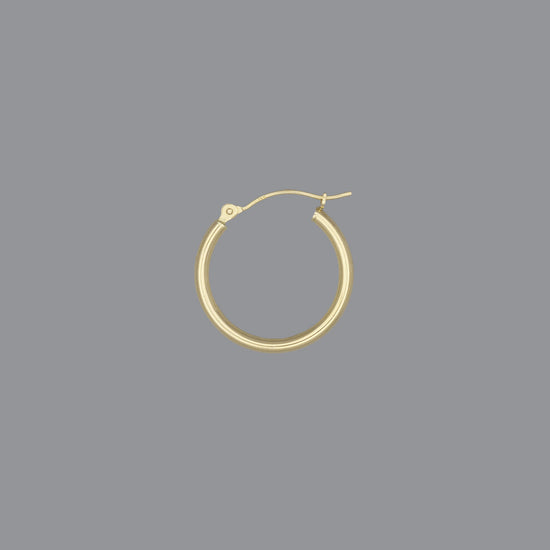 A hoop earring made of 14KY gold, displayed against a grey background.