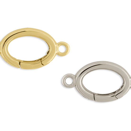 Two oval-shaped invisible clasp connectors, one in gold color and the other in silver color, with a simple design suitable for attaching charms and chain links.