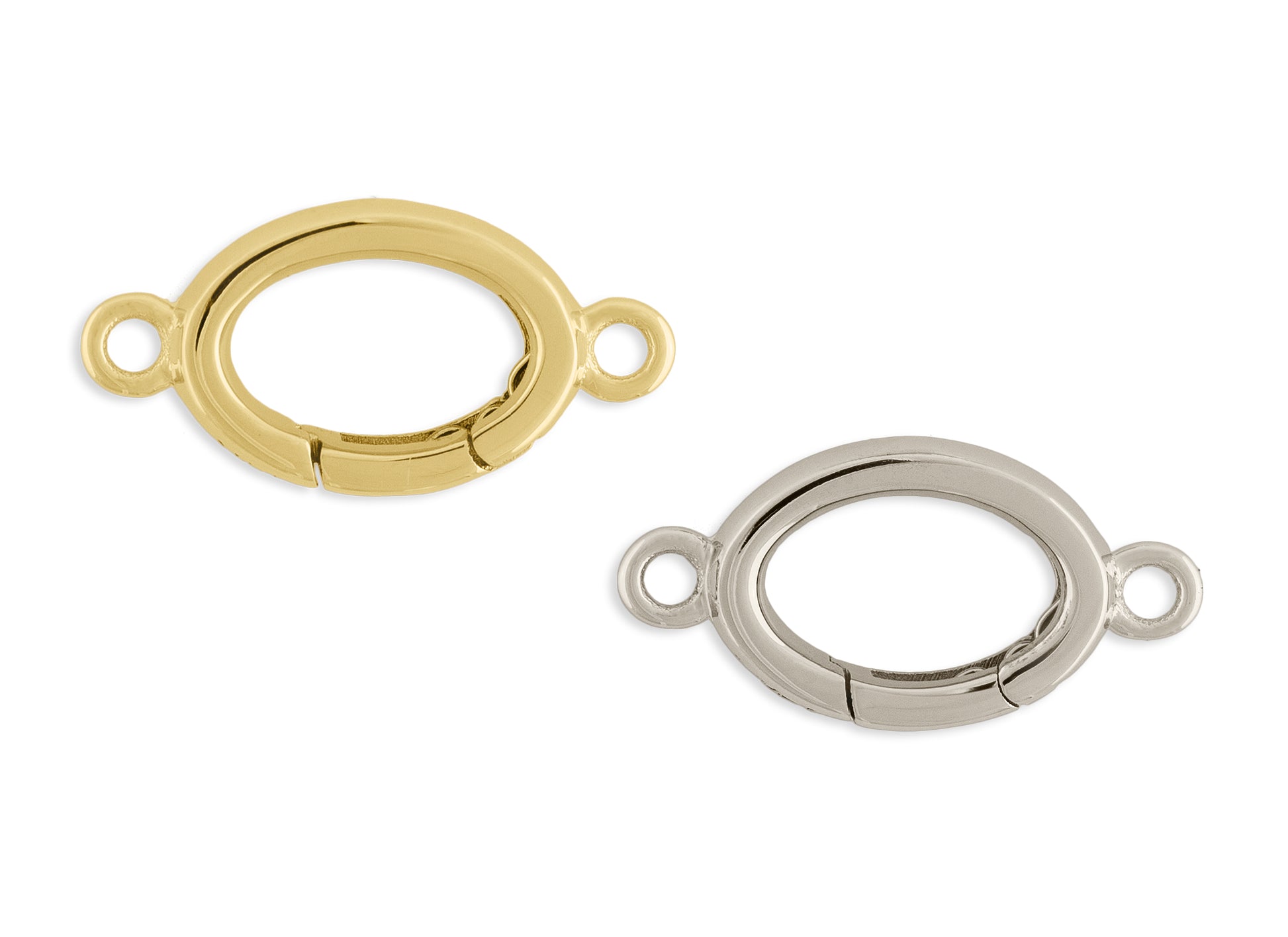 Two oval-shaped invisible clasp connectors, one in gold color and the other in silver color, with a simple design suitable for attaching charms and chain links.