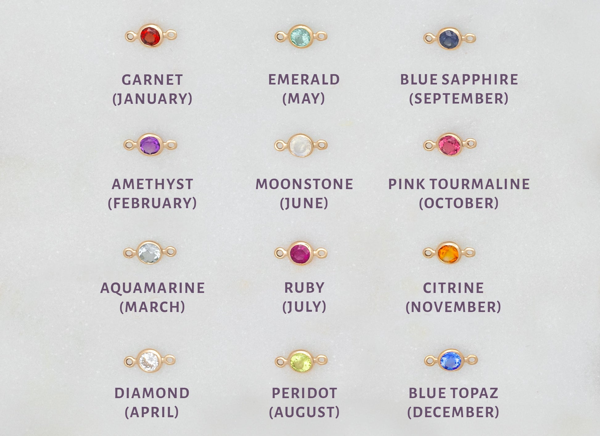 A collection of bezel-set birthstone connectors in various colors corresponding to different months, made of 14K gold.