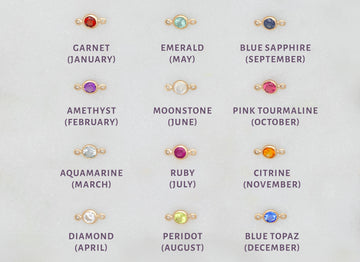 A collection of bezel-set birthstone connectors in various colors corresponding to different months, made of 14K gold.