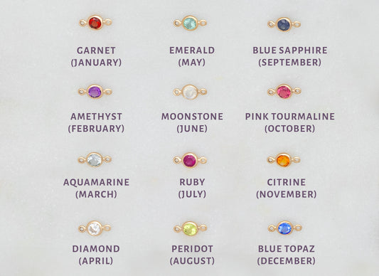A collection of bezel-set birthstone connectors in various colors corresponding to different months, made of 14K gold.