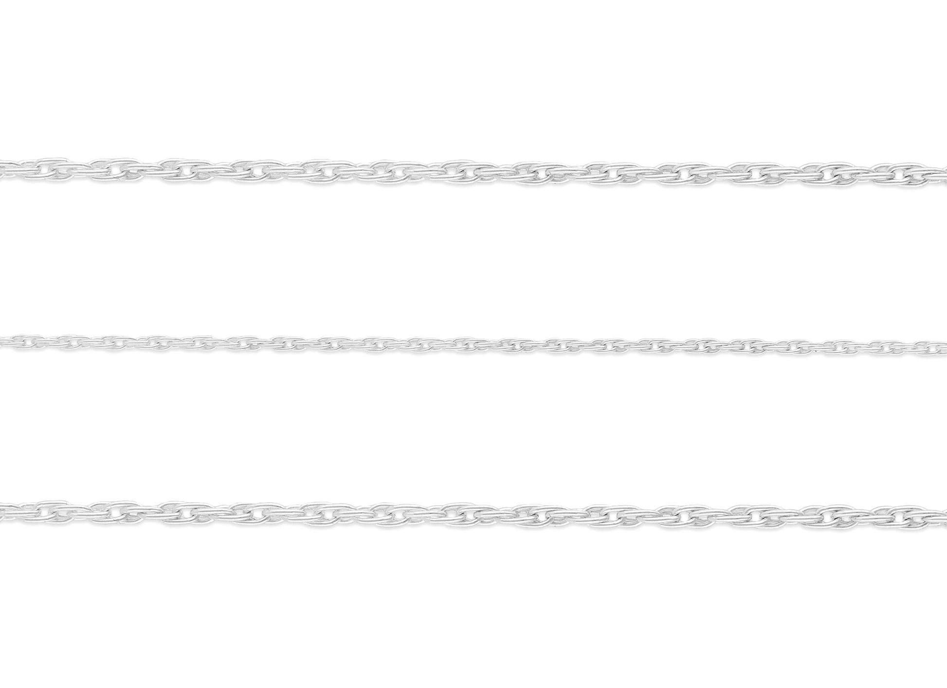 Multiple sterling silver rope chains laid out in parallel against a white background.