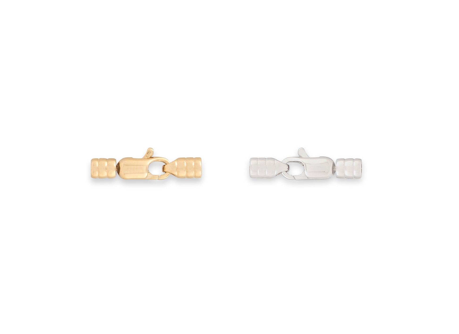Gold and silver clasp connectors on a white background