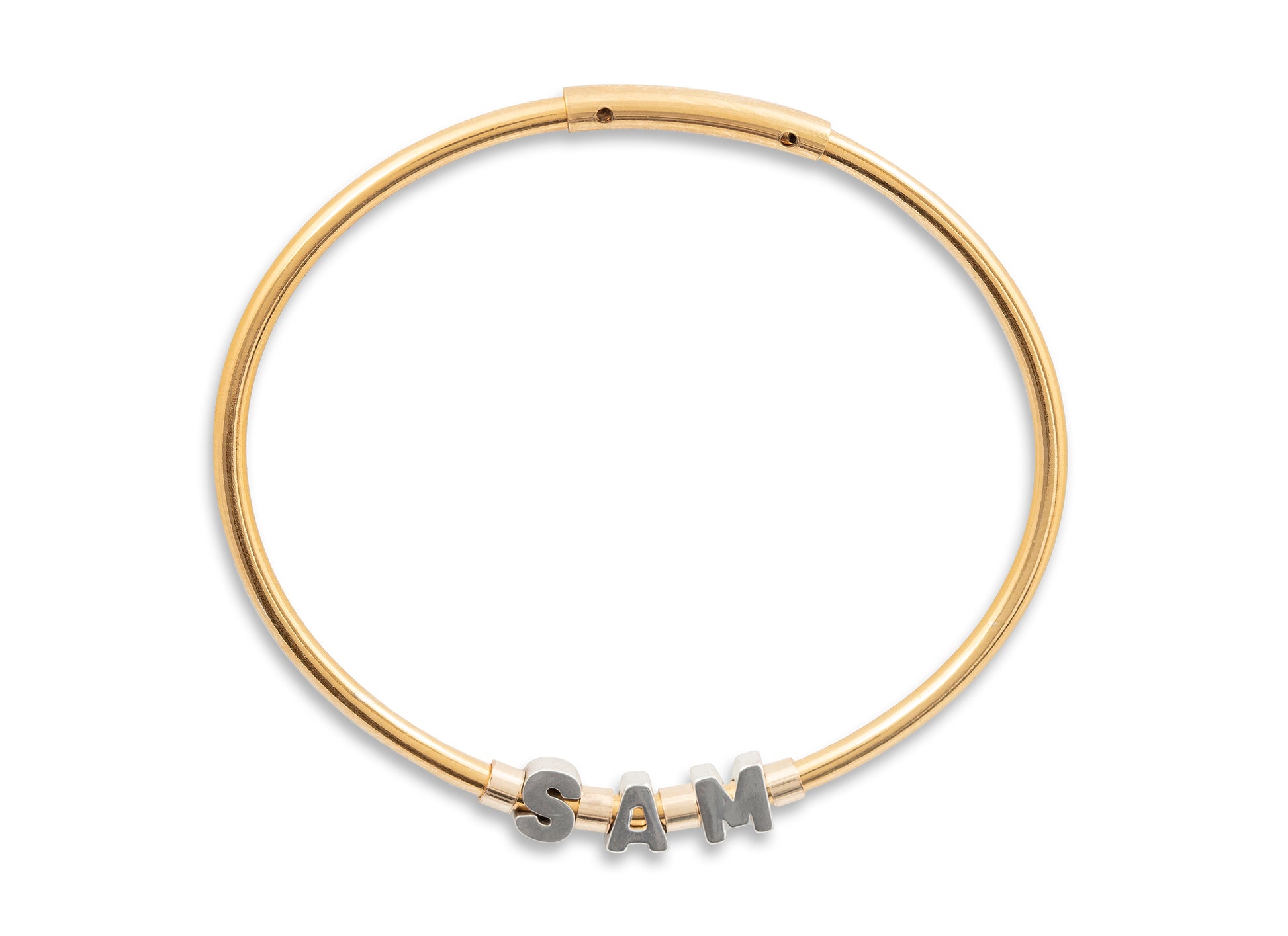 Gold bracelet with 'SAM' letters on a white background