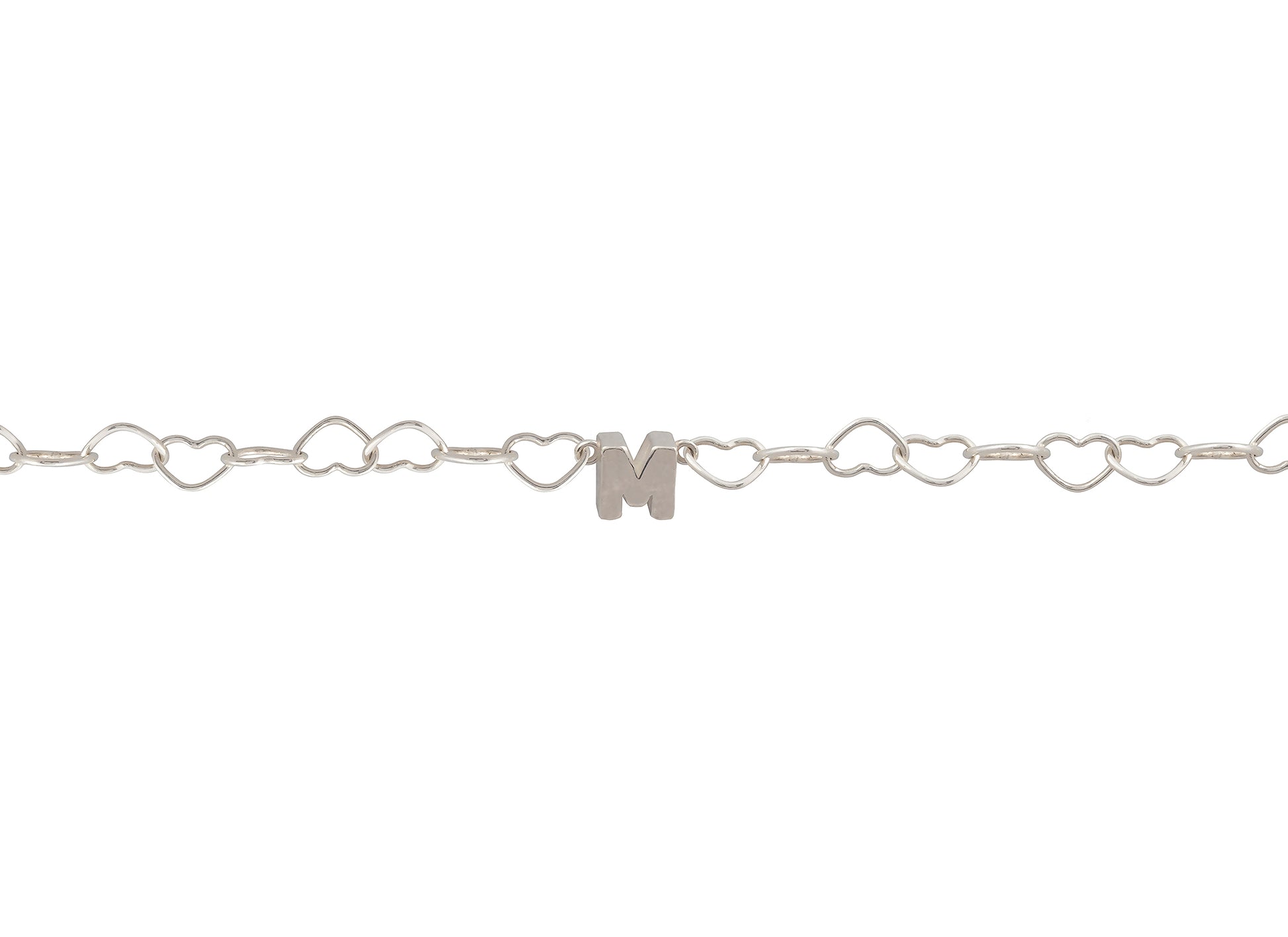 Silver bracelet with heart links and a letter 'M' charm on a white background.