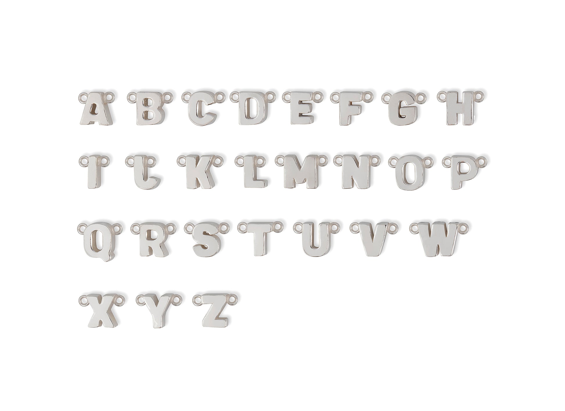A set of sterling silver letter connectors from A to Z, displayed in three rows on a white background.
