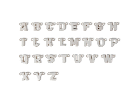 A set of sterling silver letter connectors from A to Z, displayed in three rows on a white background.