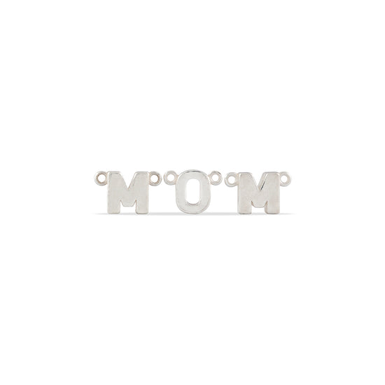 Silver 'MOM' charm on a white background