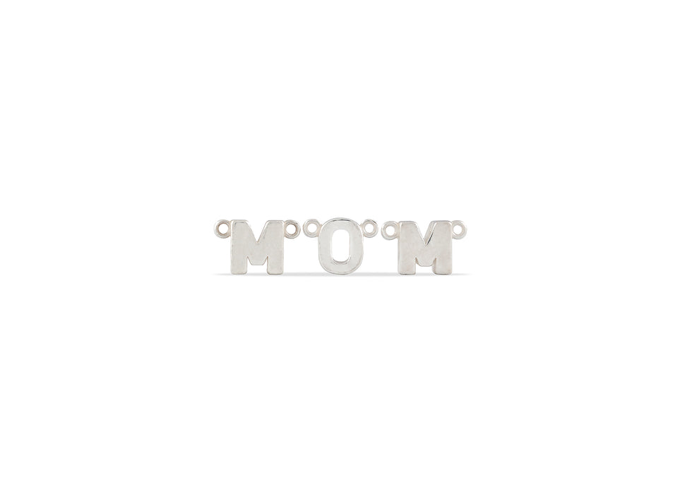 Silver 'MOM' charm on a white background