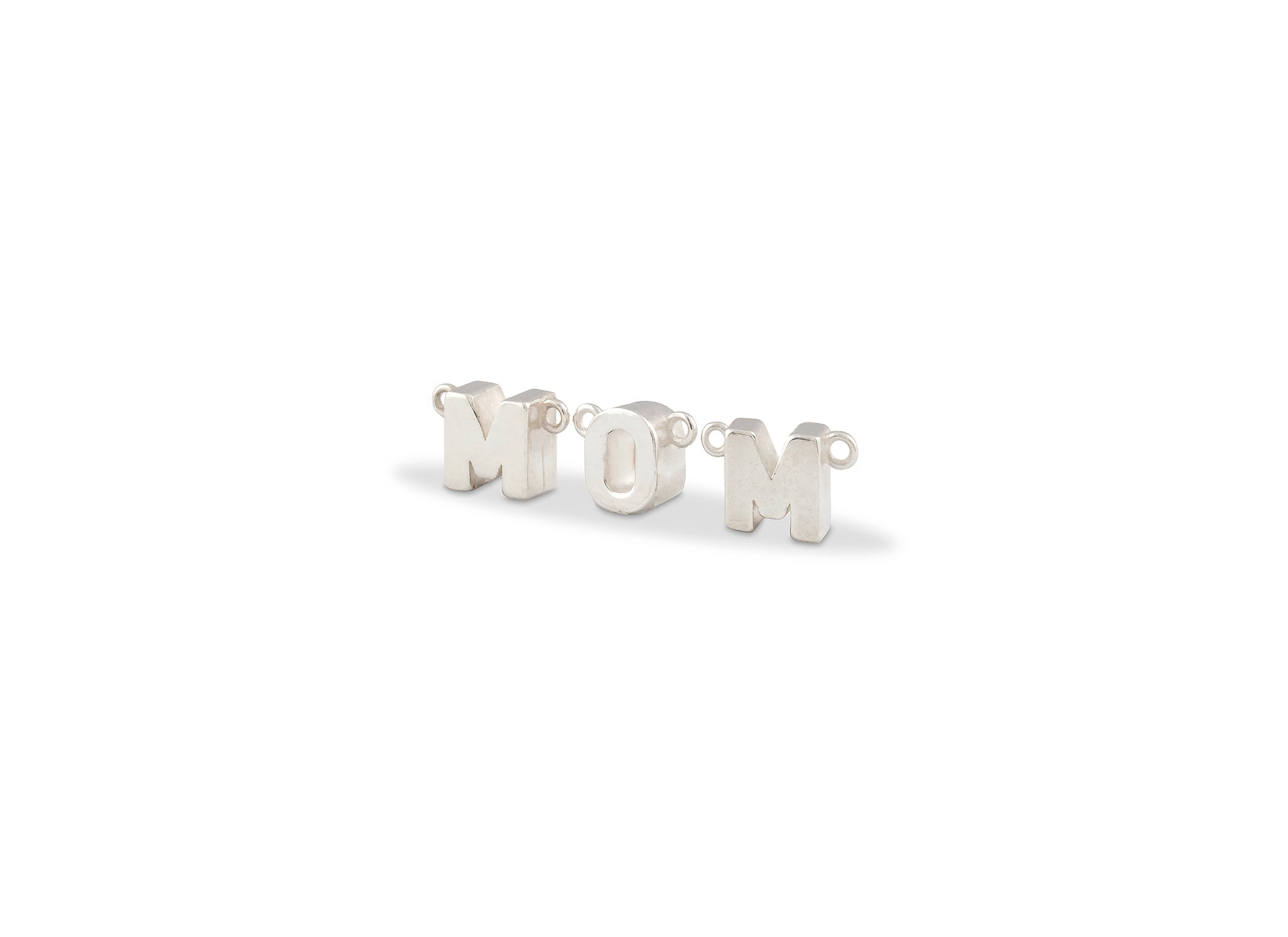Silver 'MOM' earrings on a white background