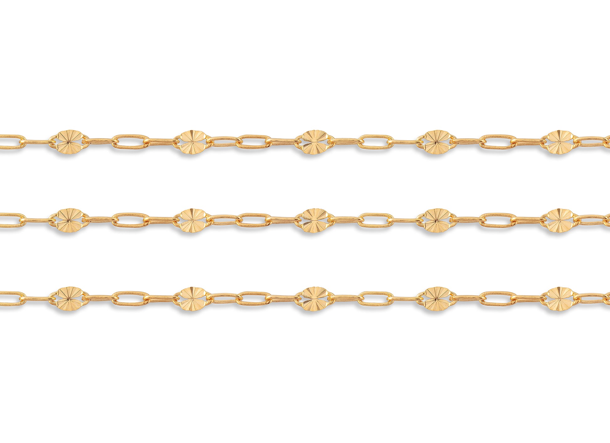 Gold chain with floral links on a white background