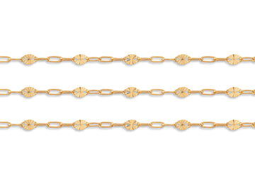 Gold chain with floral links on a white background