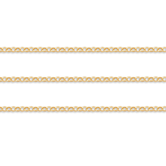 Three gold chains of different thicknesses on a white background