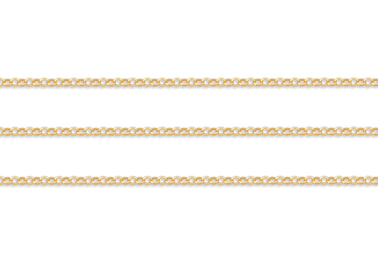 Three gold chains of different thicknesses on a white background
