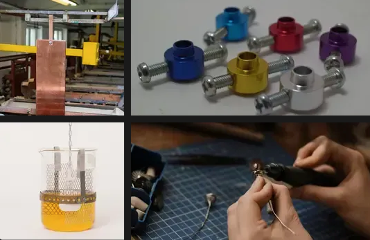 Collage of images including a copper rod, colored metal components, a beaker with liquid, and hands working on a small object.