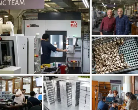 Collage of images showing industrial machinery, workers, and product inspections in a factory setting.