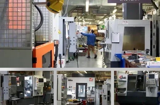 Collage of images from a factory setting with machinery and workers.