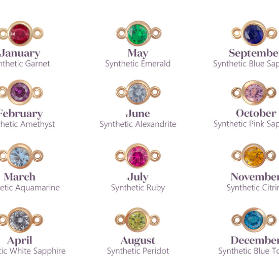 Illustrations of birthstones with corresponding months on a white background
