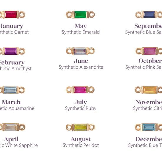Chart of synthetic gemstones by birth month on a white background