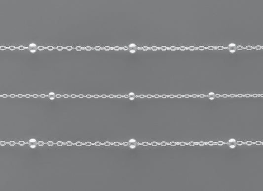 Satellite Chain By the Inch Chain 1: Features 1.58mm links made from 0.25mm wire and adorned with 2.45mm round satellite beads.
Chain 2: Crafted with 2mm links made from 0.3mm wire and accented with 2.98mm round satellite beads. Sterling Silver Necklace Jewelry Riva Ethical Bulk Made in USA, Brooklyn NY