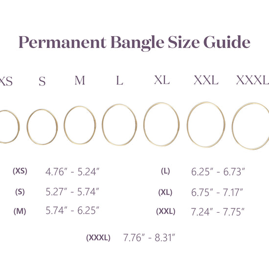 Permanent Bangle Size Guide with measurements for XS, S, M, L, XL, XXL, and XXXL sizes.