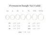 Permanent Bangle Size Guide with measurements for XS, S, M, L, XL, XXL, and XXXL sizes.
