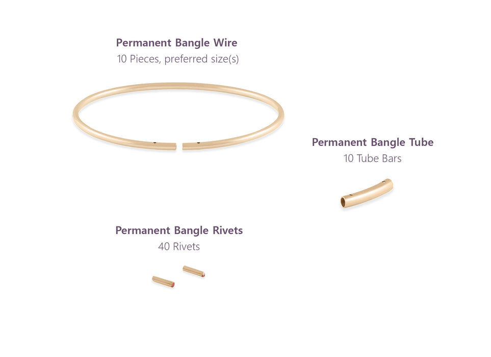 Gold bangle components including wire, tube bars, and rivets on a white background.