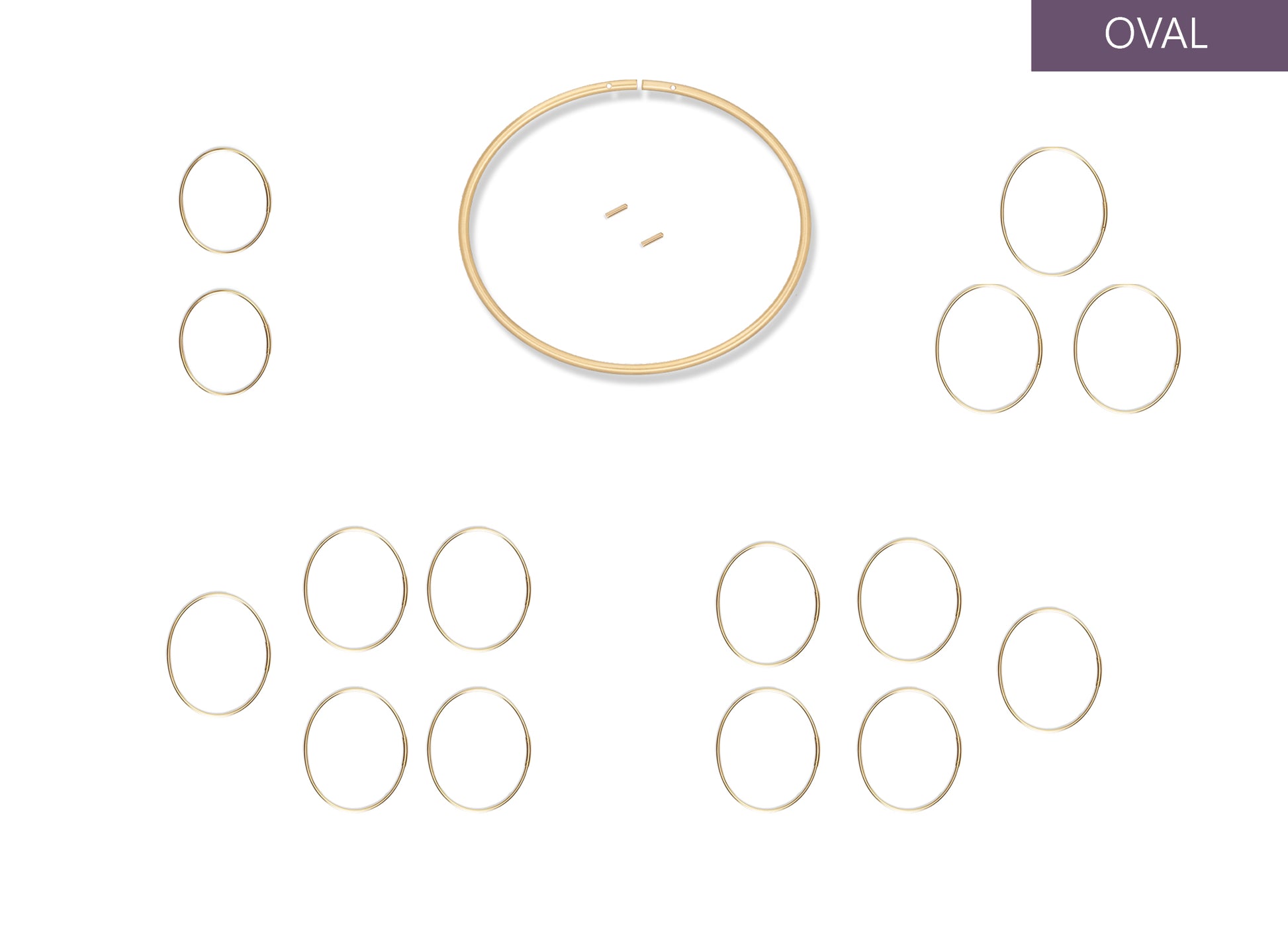 Collection of gold Permanent Bangles earrings on a white background with 'OVAL' label.