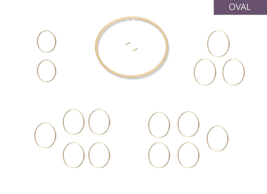 Collection of gold Permanent Bangles earrings on a white background with 'OVAL' label.