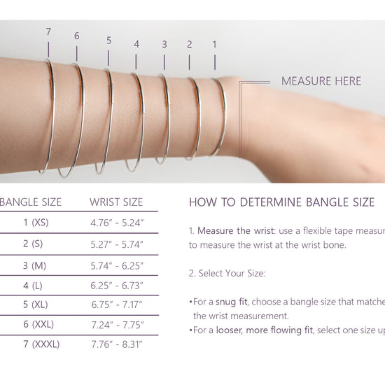 Bangle size chart with wrist measurement guide and bangles on a arm