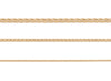 A set of three 14K yellow gold wheat chains with different thicknesses, displayed horizontally.