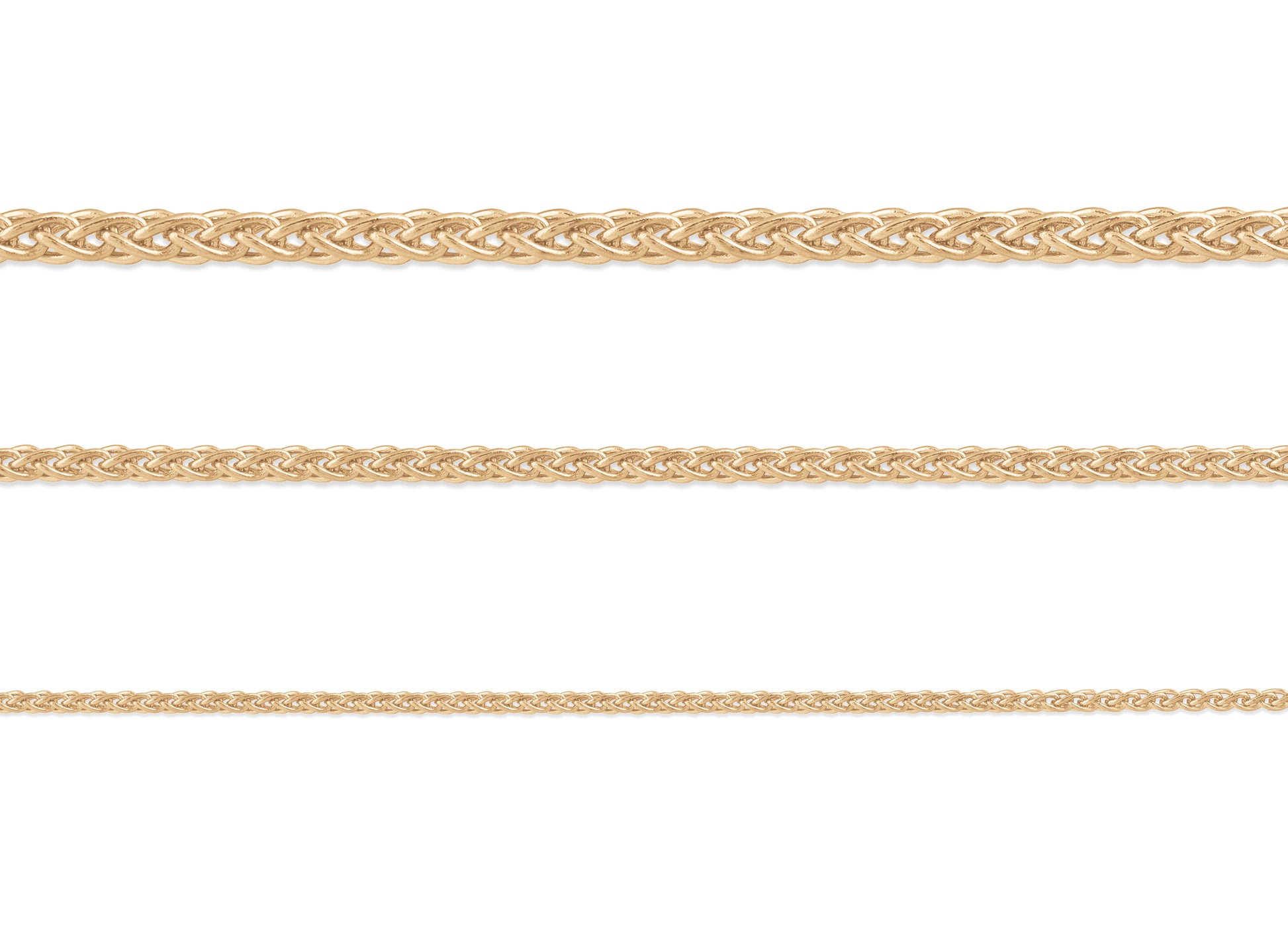 A set of three 14K yellow gold wheat chains with different thicknesses, displayed horizontally.