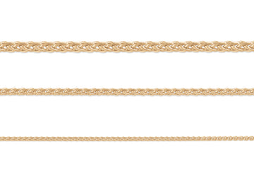 A set of three 14K yellow gold wheat chains with different thicknesses, displayed horizontally.