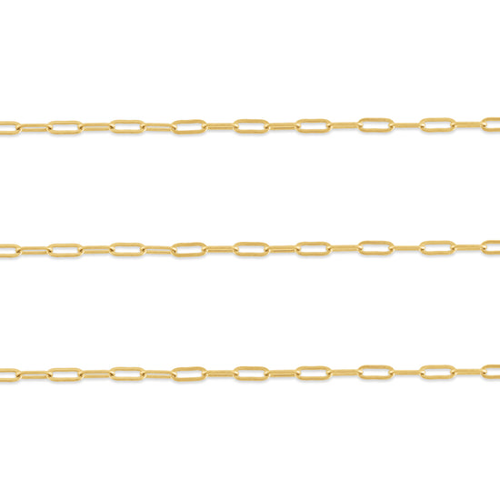 A close-up image of a 0.96mm flat-wire paper clip chain made of 14K gold.