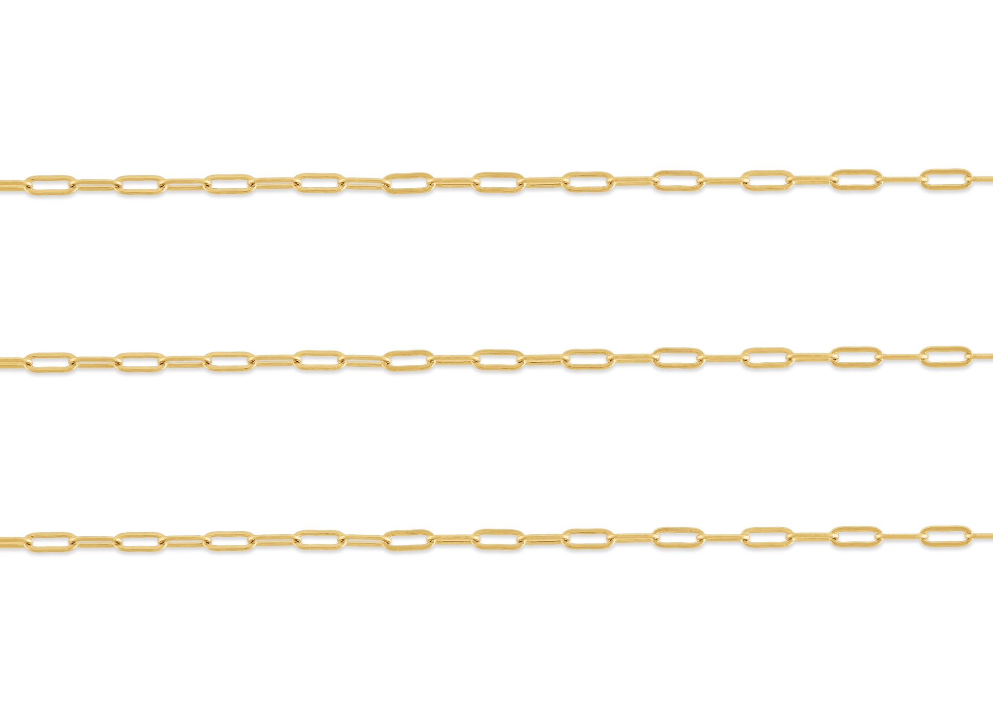 A close-up image of a 0.96mm flat-wire paper clip chain made of 14K gold.