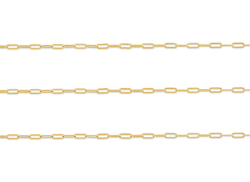 A close-up image of a 0.96mm flat-wire paper clip chain made of 14K gold.