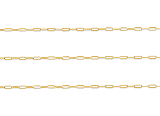A close-up image of a 0.96mm flat-wire paper clip chain made of 14K gold.