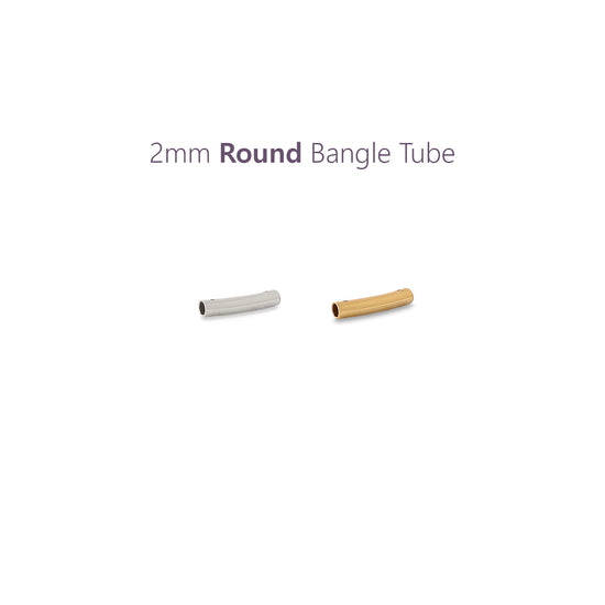 Two round permanent bangle tubes, one silver and one gold, with text '2mm Round Bangle Tube' RIVA Precision 