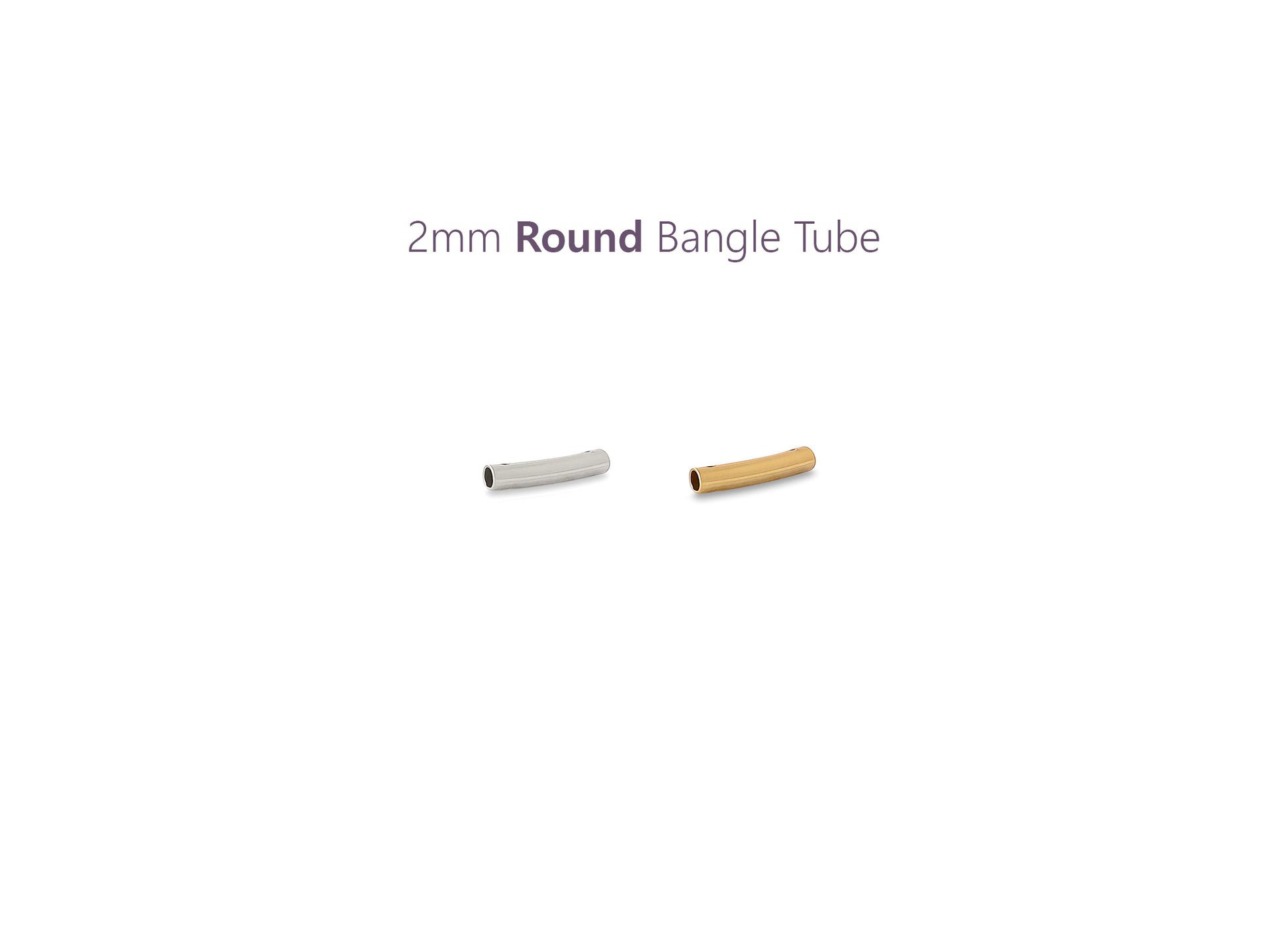 Two round permanent bangle tubes, one silver and one gold, with text '2mm Round Bangle Tube' RIVA Precision 