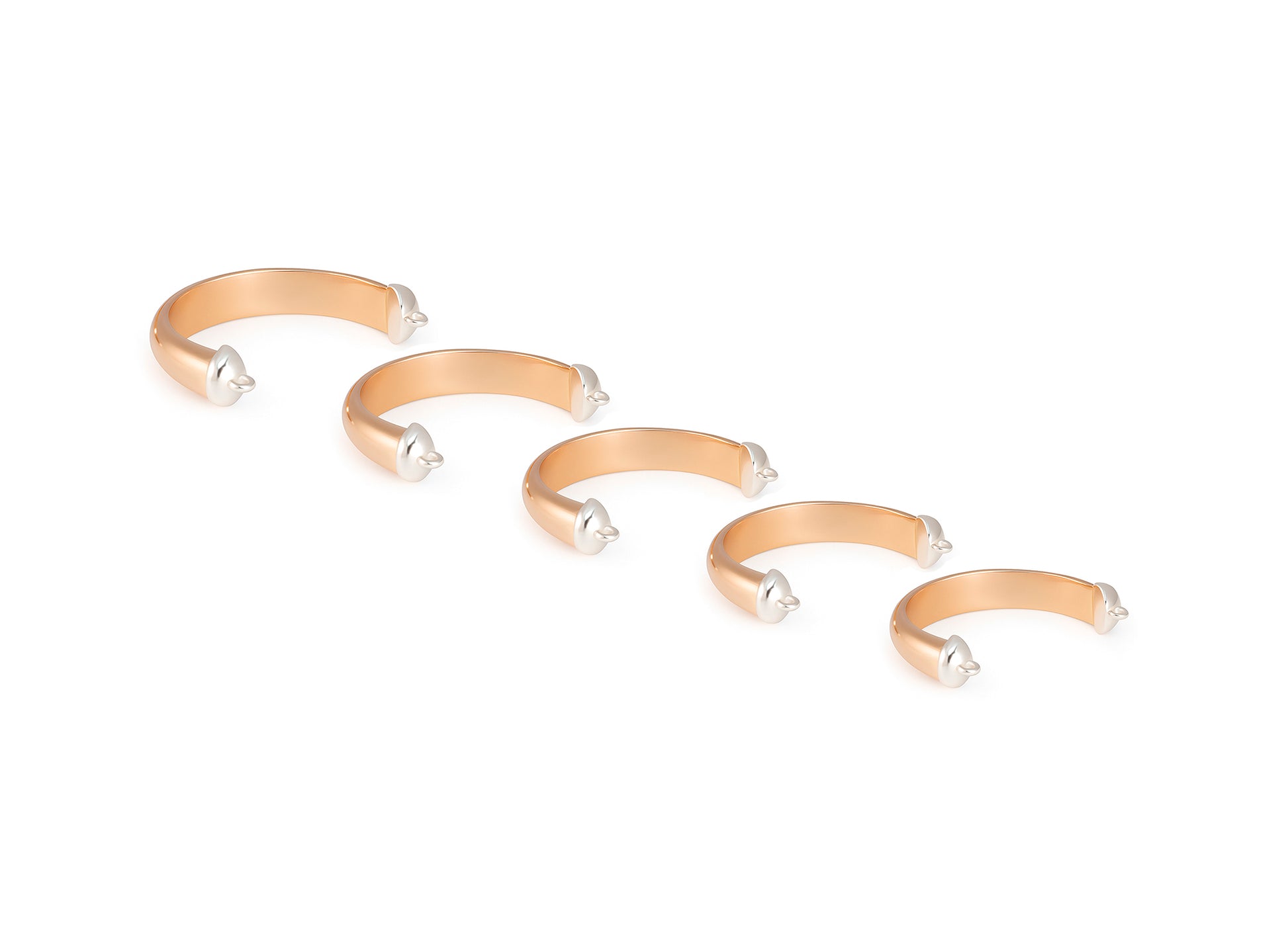 Set of five Cuff Rings with pearl-like beads on a white background
