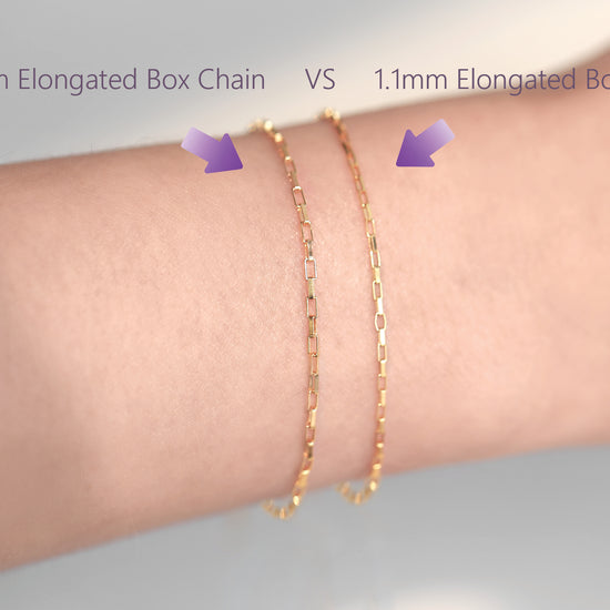 Two gold box chains on a wrist with text indicating chain thickness comparison.