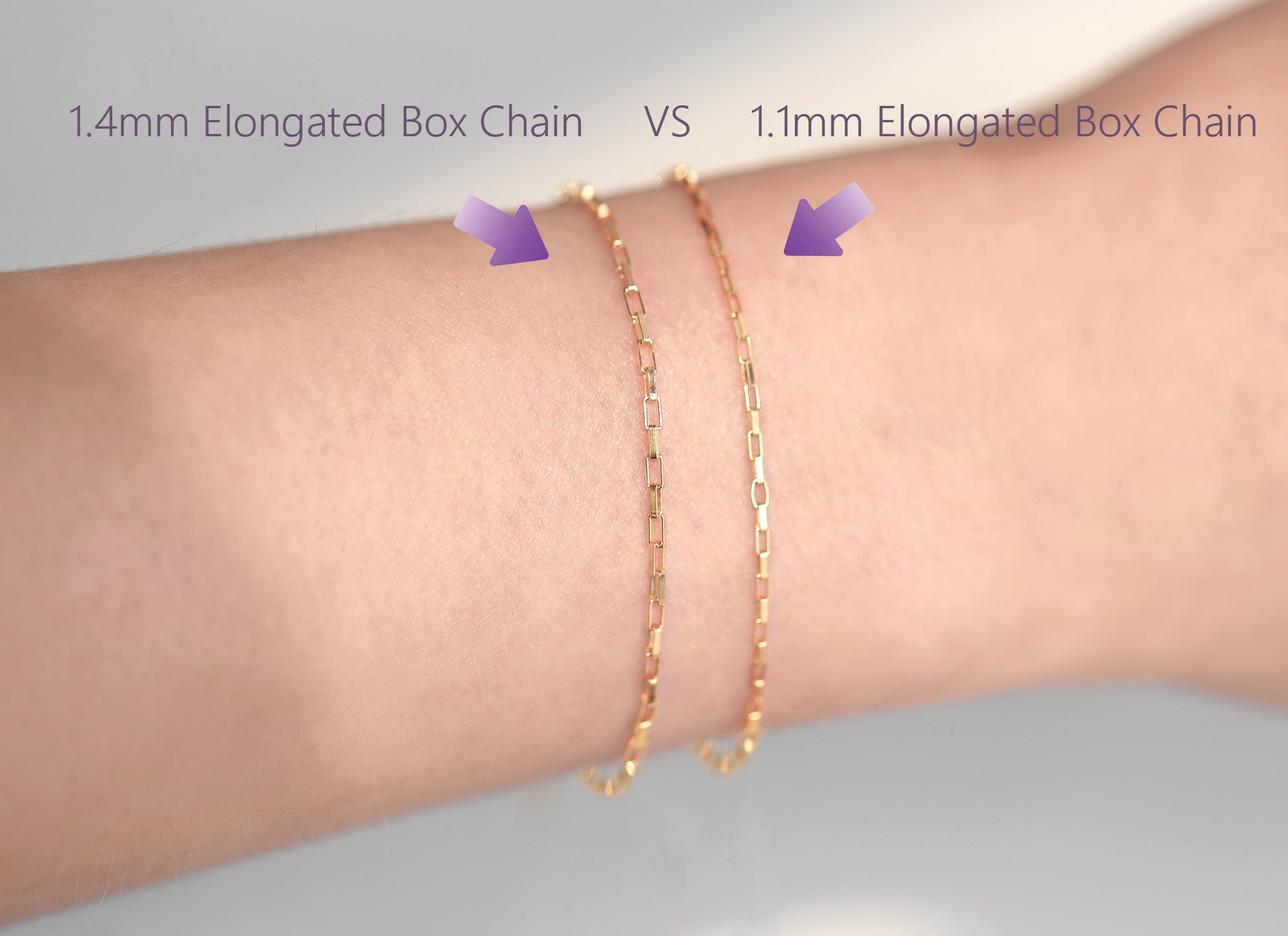Two gold box chains on a wrist with text indicating chain thickness comparison.